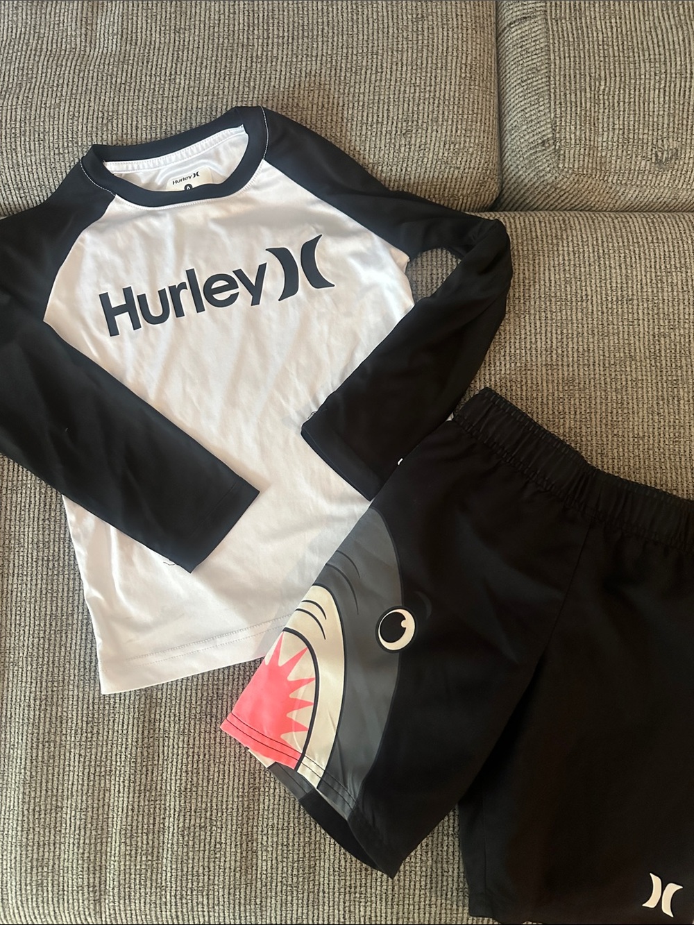 Hurley Black & White Kids Rashguard Set with Shark Boardshorts